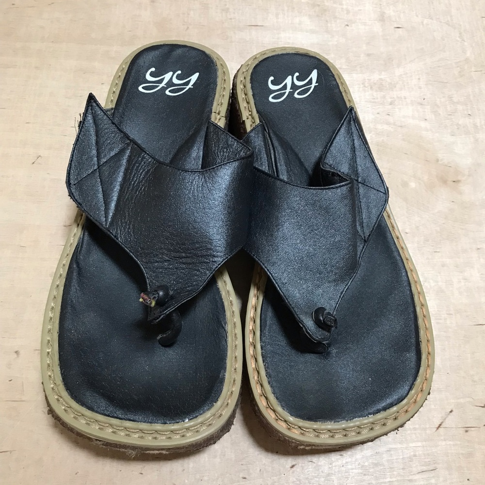 YY Wedges Leather Sandals Black Platform